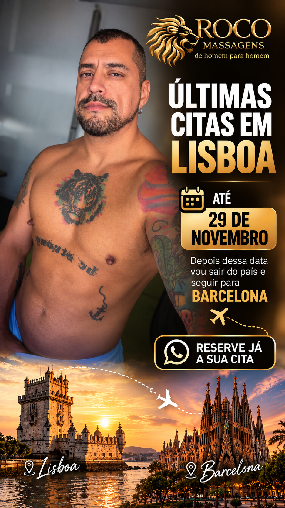 Cartaz informativo: últimas citas em Lisboa até 29 de novembro, depois seguimento para Barcelona.